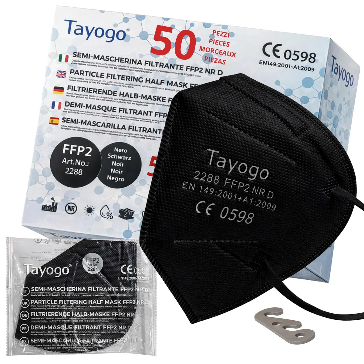 Tayogo Mascarillas FFP2 Negras 50 Unidades CE 0598, Mascarilla FFP2 5 Capas, hasta 99,5% Filtración, Mascarilla Protección Respiratoria, Sin Válvula, Embalaje Individual, Gancho Salva Orejas