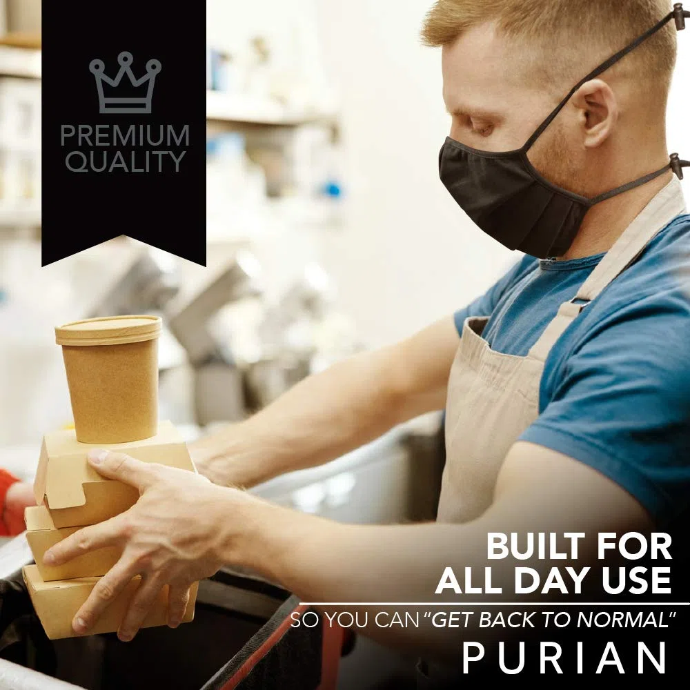 Purian Mascarilla facial adulto XL (extragrande) para hombres con barba, correas negras con ajuste rápido de bloqueo de cordón para uso todo el día