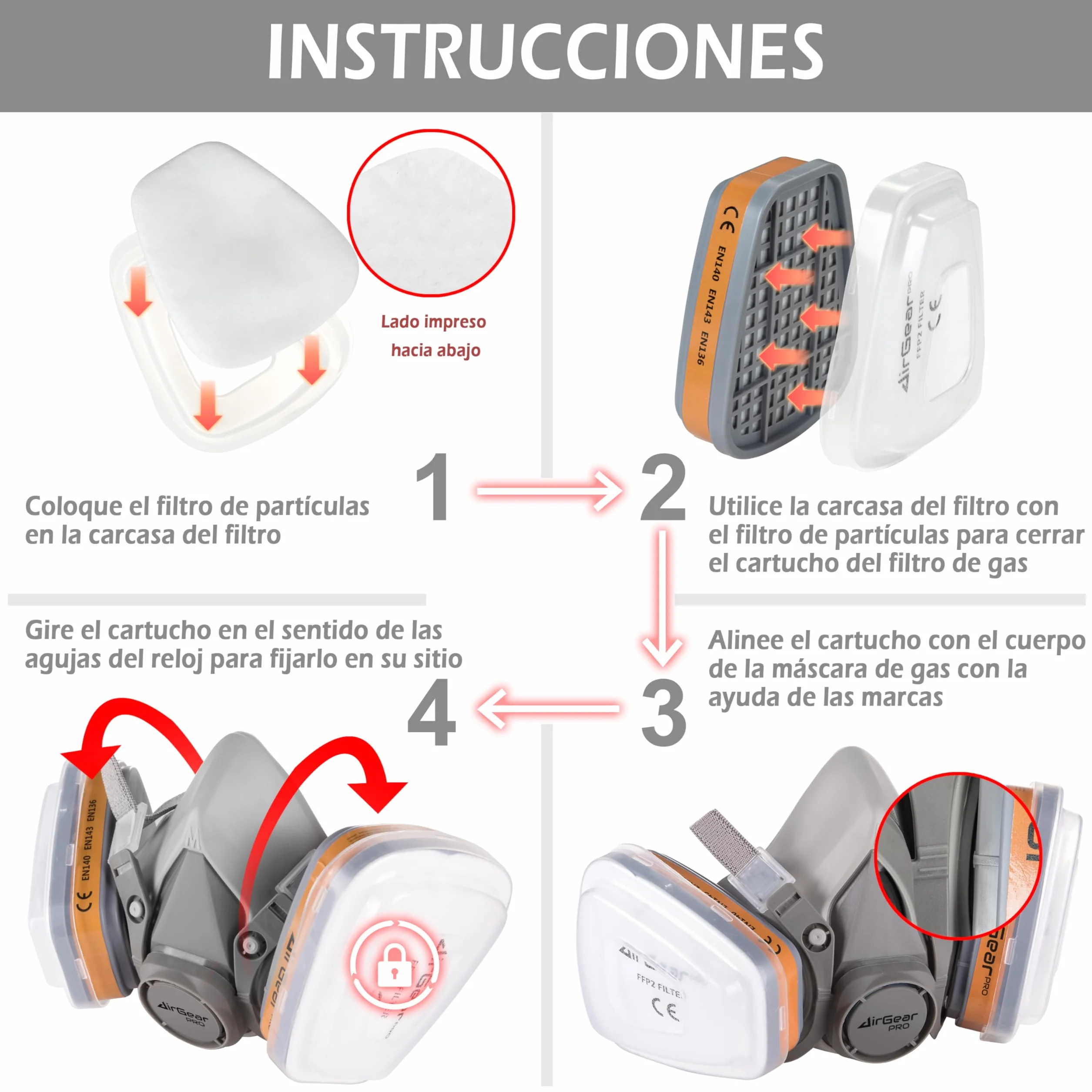 AirGearPro G-500 Máscara Respiratoria Reutilizable, Antipolvo, Antigás con Filtros y Gafas de Protección para Pintar, Construcción, Bricolaje, Lijado