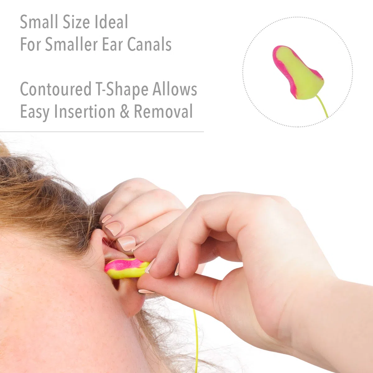 Foam Ear Plugs,Reusable,T-Shape,Corded,100/BX,Pink/Yellow, Sold as 1 Box