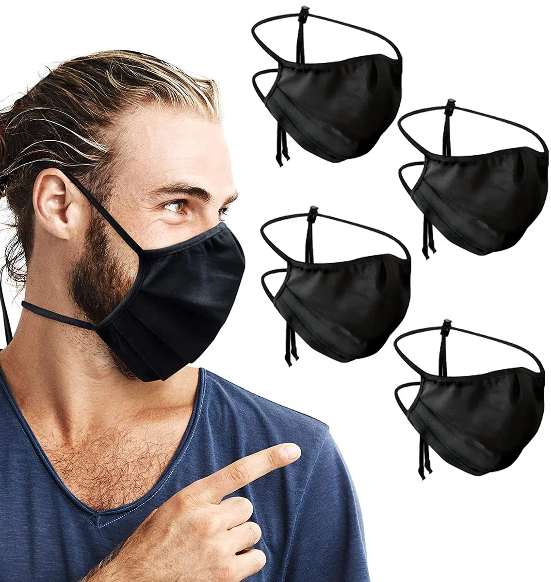 Purian Mascarilla facial adulto XL (extragrande) para hombres con barba, correas negras con ajuste rápido de bloqueo de cordón para uso todo el día