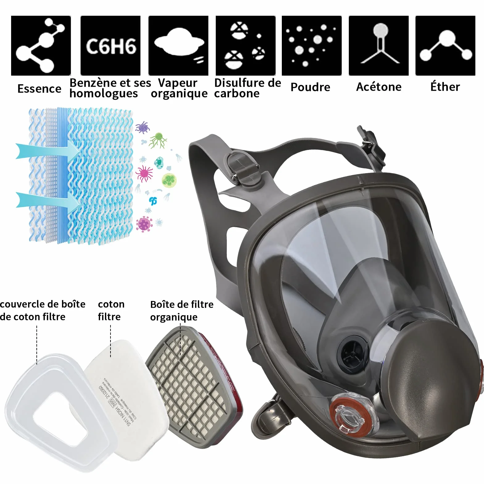 Faburo Respirator Facial Completo Reutilizable, Protección Respiratoria | Con 10 filtros de repuesto y 5 pares de guantes, para pintura, partículas, polvo, resina epoxi, lijado, soldadura