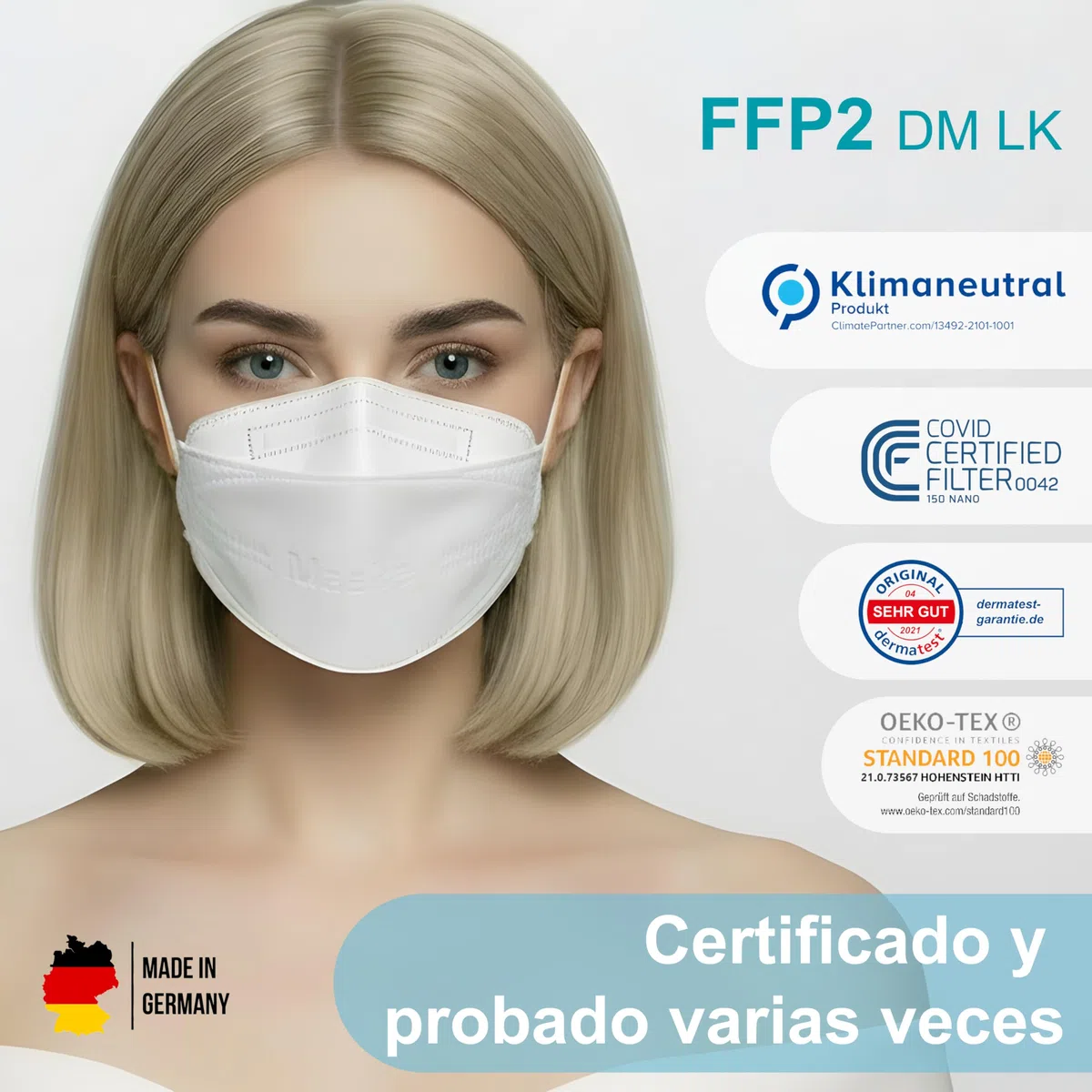 Mascarillas FFP2 DM LK | 100% fabricado en Alemania | Mascarilla protectora con forma de pez | Certificado CE EN 149:2001+A:2009 (2233 GEPTEST) e OEKO TEX | VIRU-fil