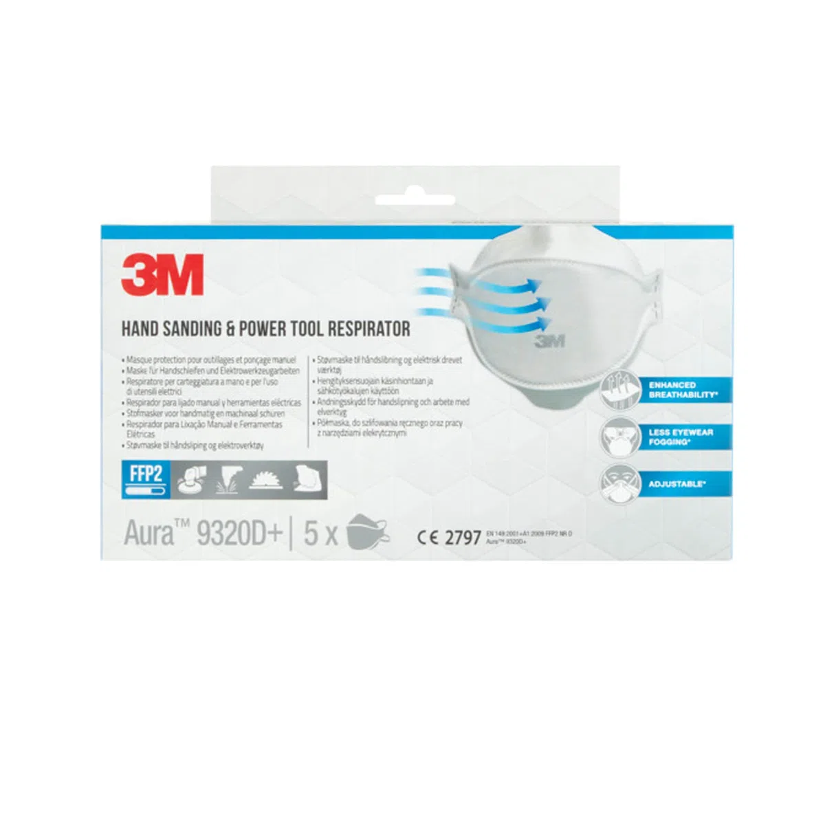 3M Aura 9320D+ FFP2 - Mascarilla de protección respiratoria desechable con partículas FFP2, sin válvula, 5 unidades/caja