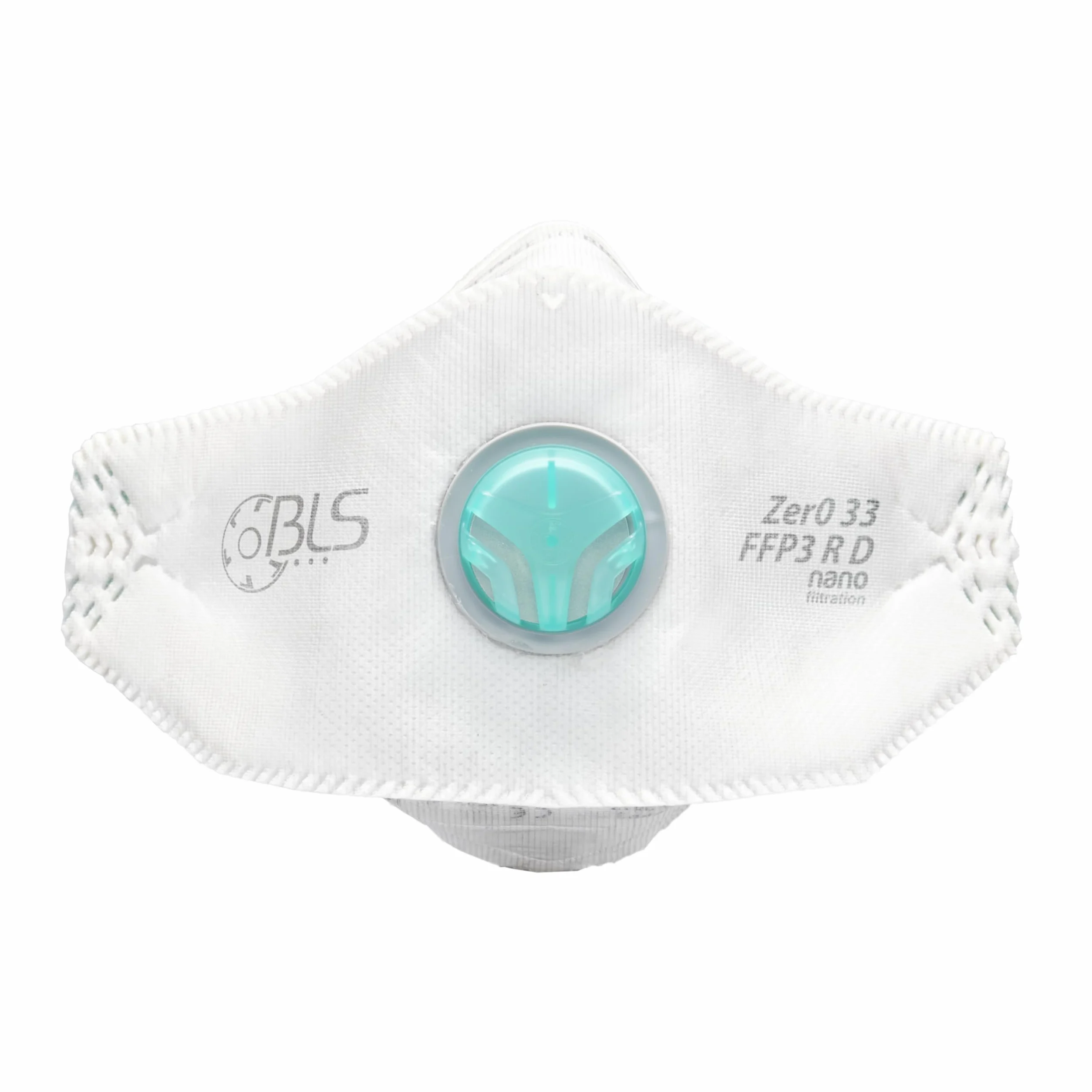 BLS Zer0 33 FFP3 R D | Estuche de 10 máscaras FFP3 planas de tres aletas con válvula de exhalación | Certificado CE | Fabricado en Europa