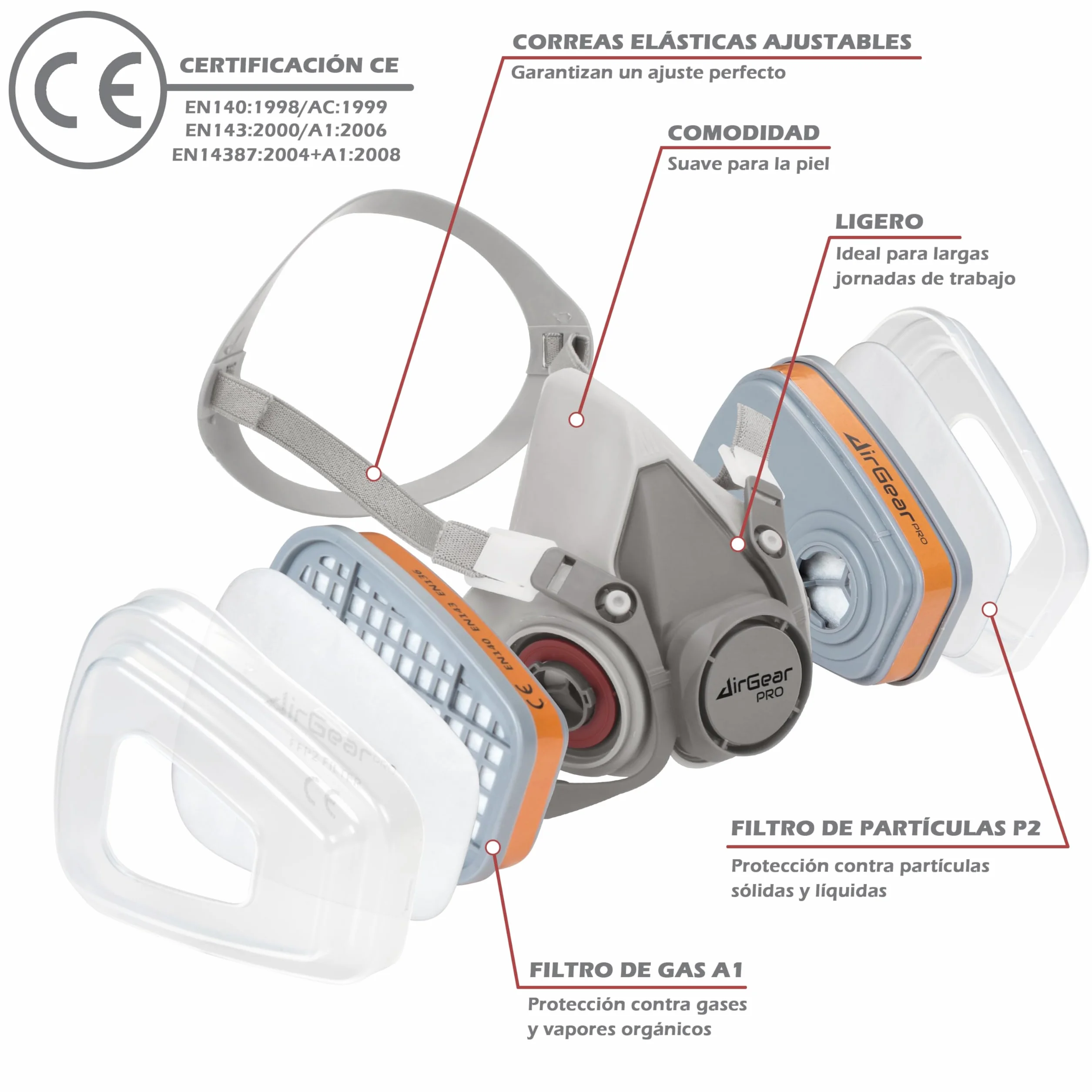 AirGearPro G-500 Máscara Respiratoria Reutilizable, Antipolvo, Antigás con Filtros y Gafas de Protección para Pintar, Construcción, Bricolaje, Lijado