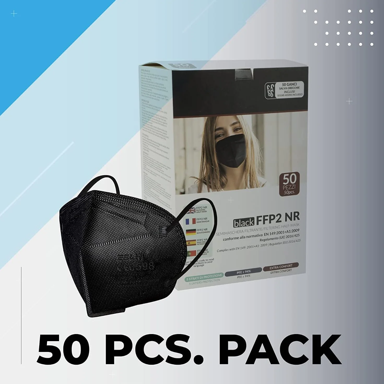 50 Unidades || Mascarillas FFP2 Negras || Protección de 5 Capas || Alta Filtración ≥ 94% || Certificadas CE 0598 || Cómodas y Transpirables