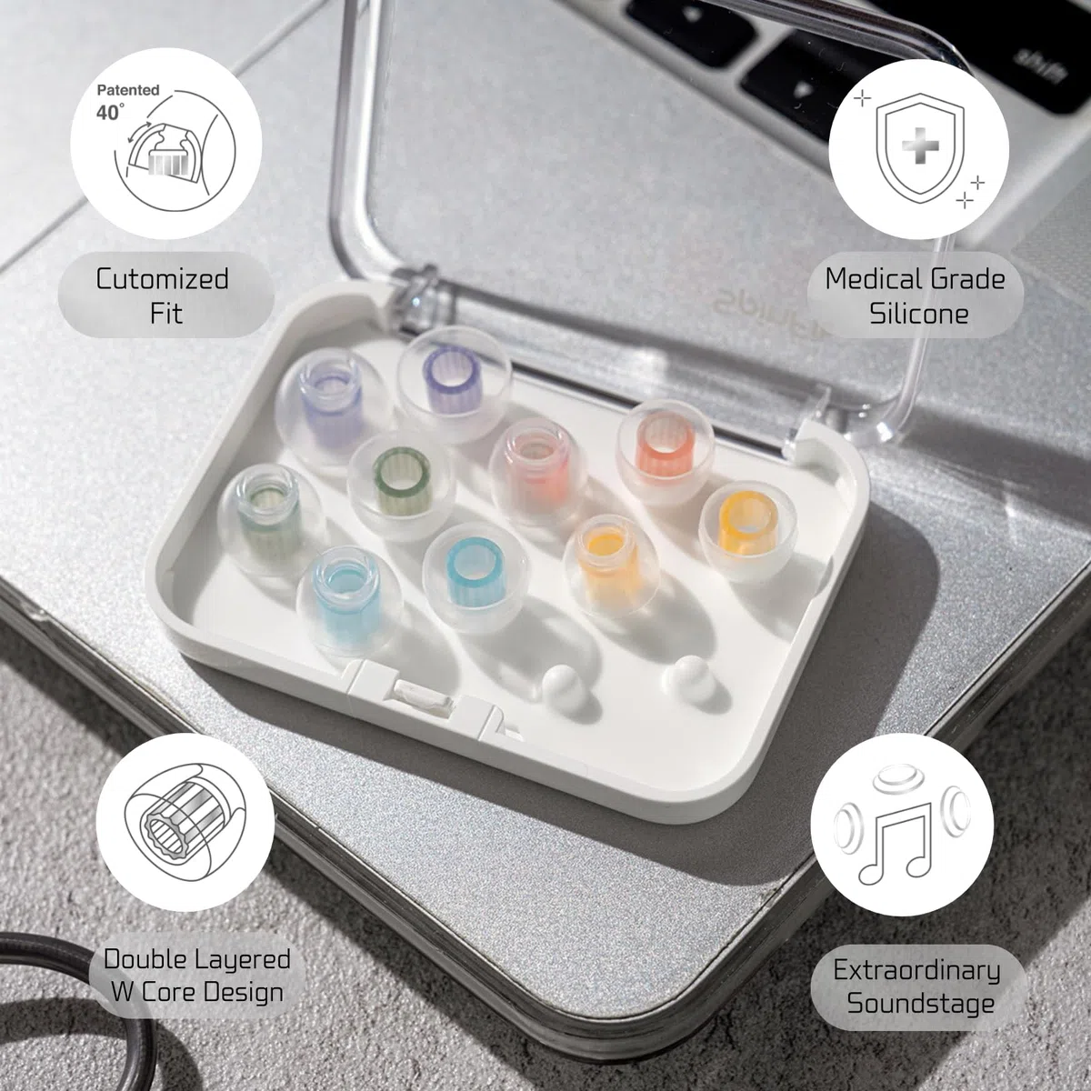 SpinFit W1 para IEM - L - Almohadillas de Silicona patentadas de Grado médico, núcleo de Tubo Doble en Forma de W, más Estabilidad