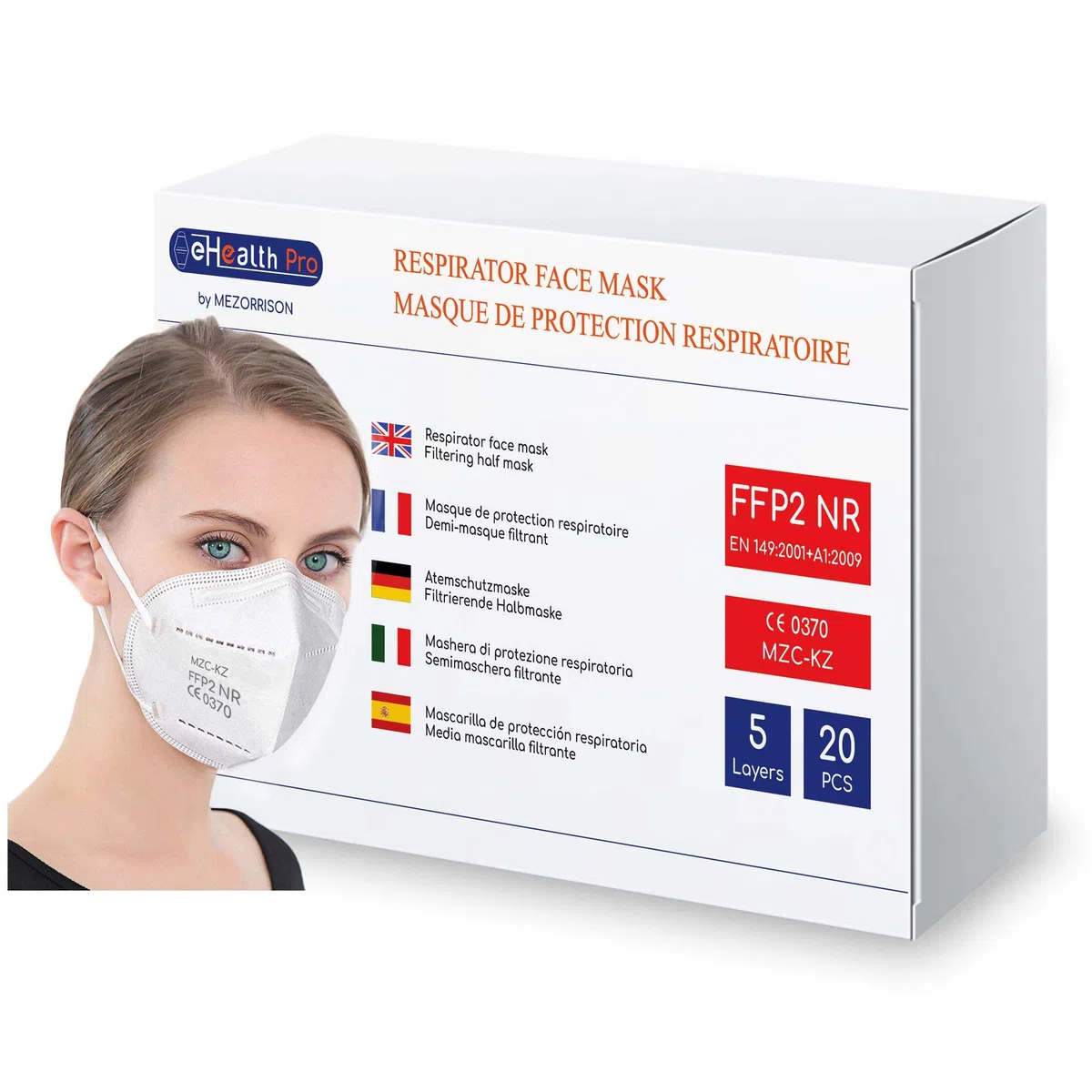 Paquete x100 Máscarillas Respiratorias Protección FFP2 NR desechables, 5 CAPAS, probadas y certificadas CE EN149 por un Organismo Notificado (Notified Body), EFB > 94%, 5 cajas de 20 unidades