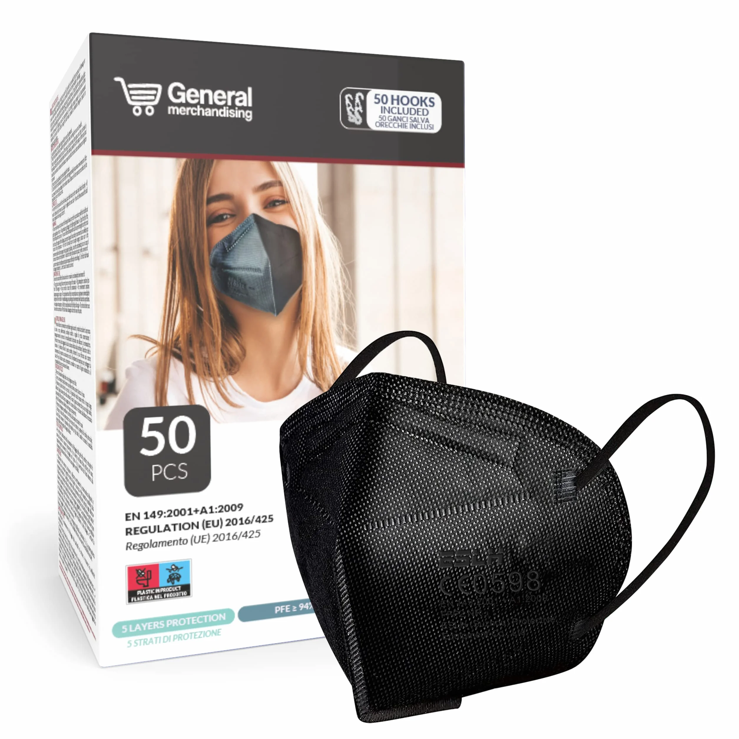 50 Unidades || Mascarillas FFP2 Negras || Protección de 5 Capas || Alta Filtración ≥ 94% || Certificadas CE 0598 || Cómodas y Transpirables