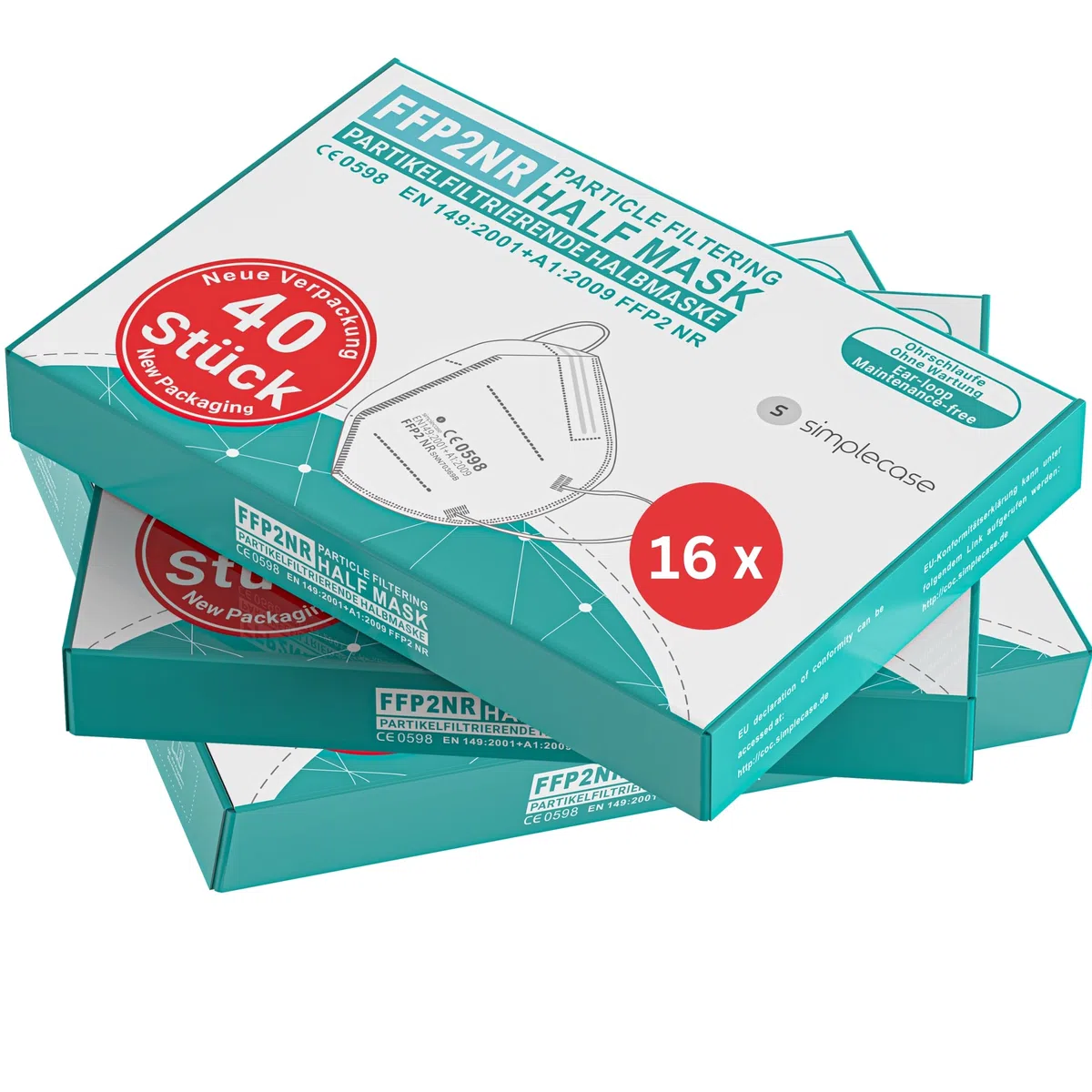 Simplecase - 120 mascarillas FFP2 certificadas por el organismo designado oficialmente 0598, respirador, máscara de filtro de partículas
